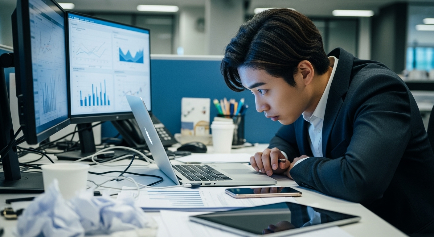 사무실 책상에 앉아 스트레스를 받고 있는 현대인 모습, 디지털 기기에 둘러싸여 있음.