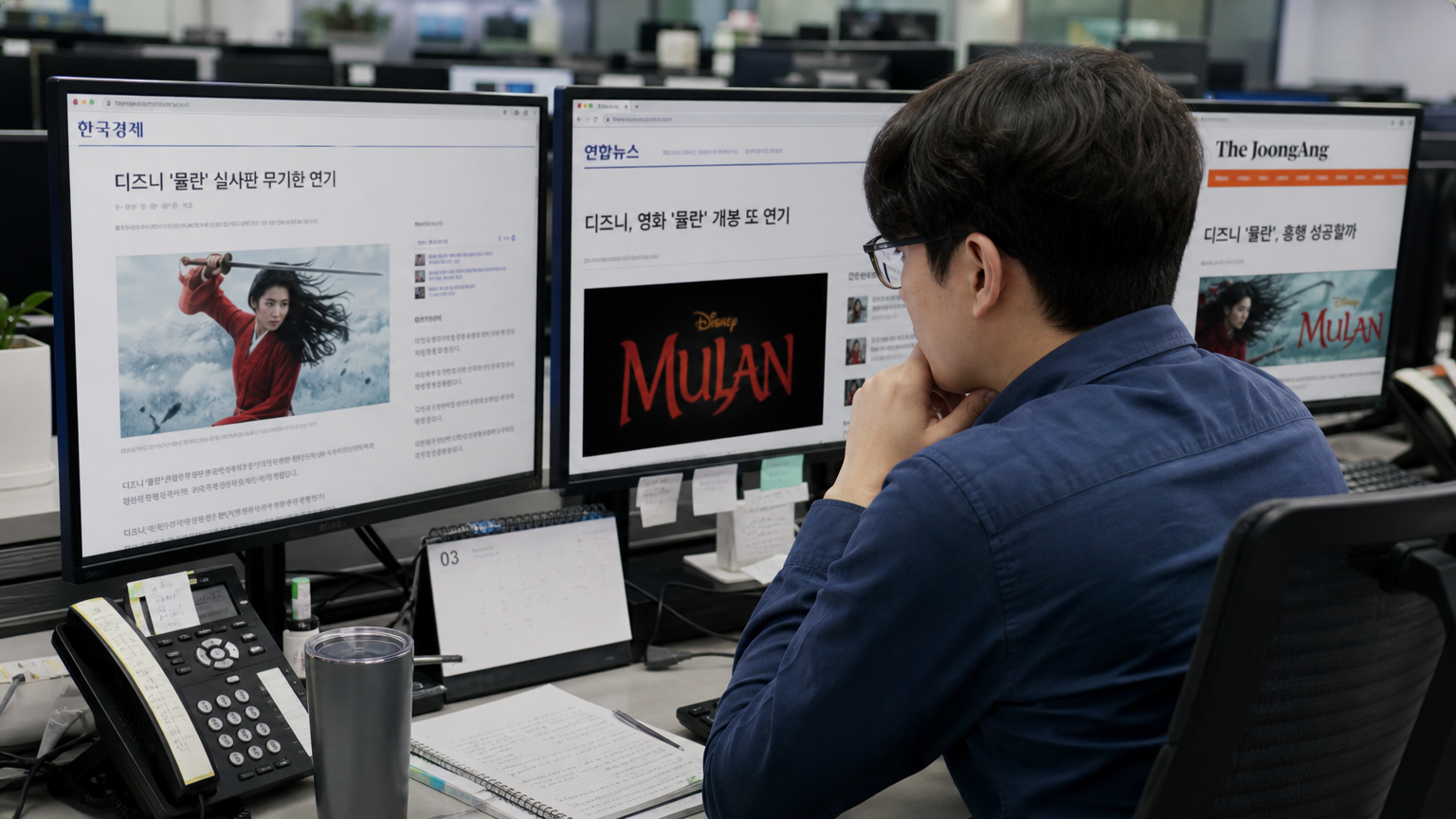 디지털 뉴스룸에서 뮬란 관련 기사를 작성하는 기자의 모습
