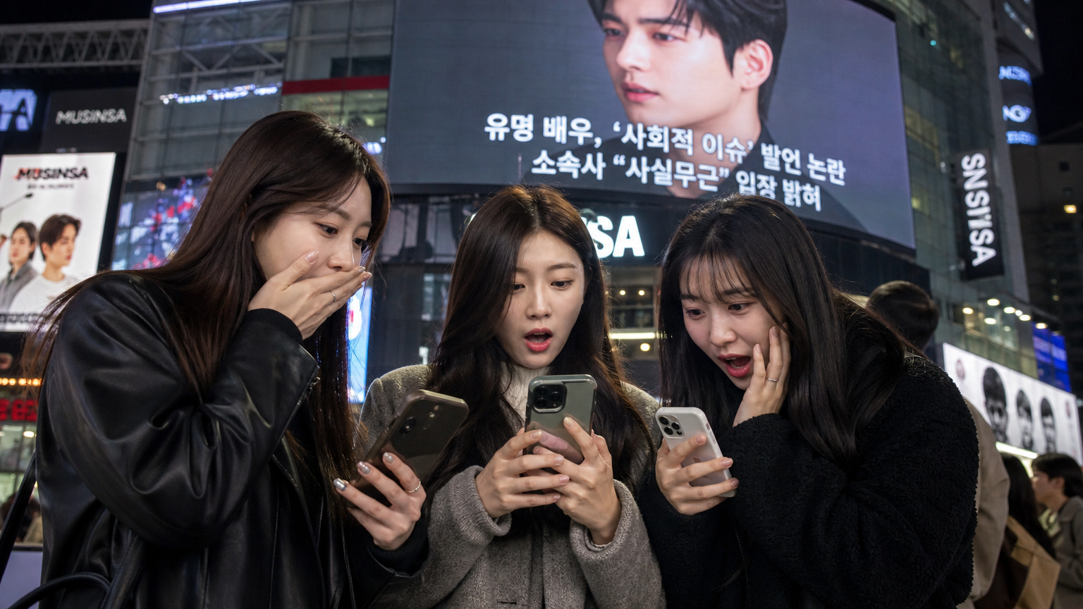 도시 배경에서 스마트폰으로 유명인의 발언에 반응하는 SNS 인플루언서들