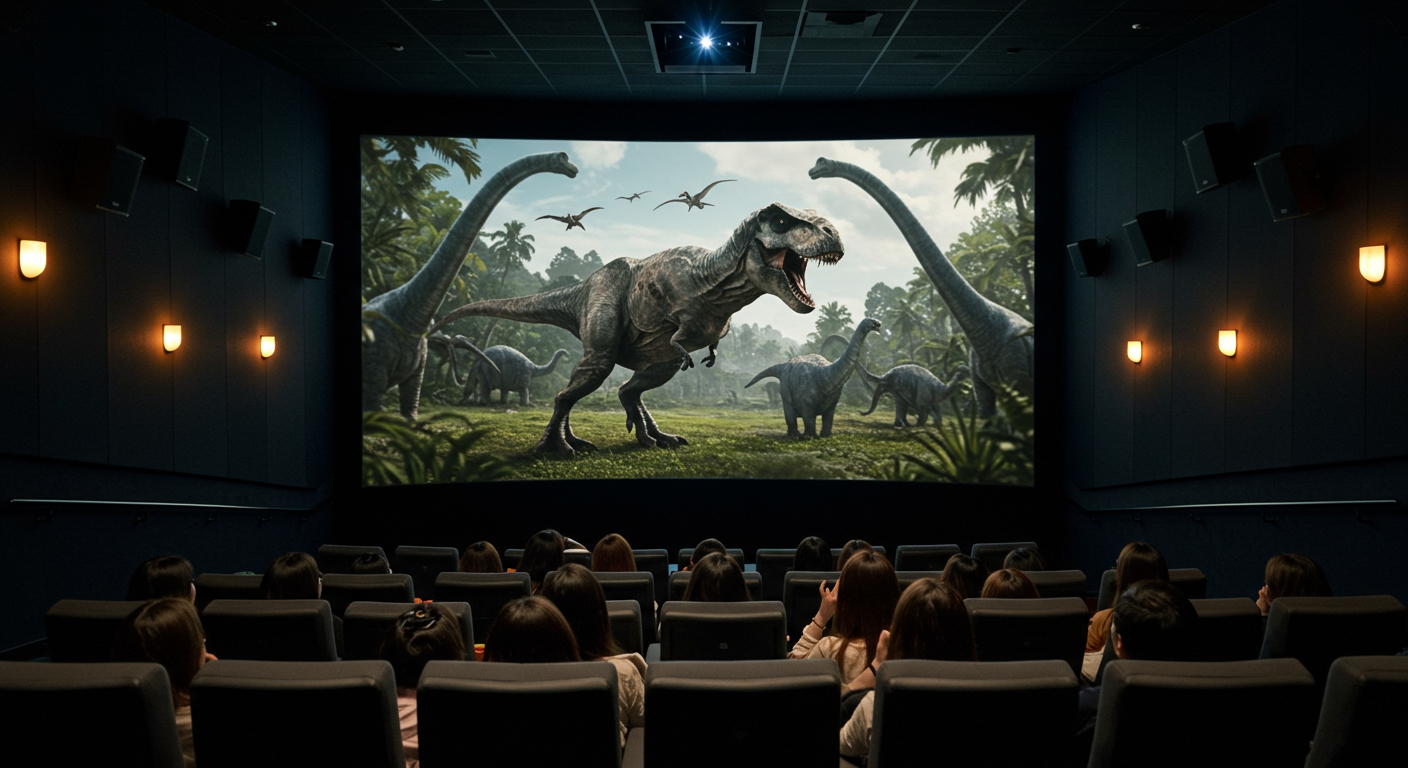 현대적인 영화관에서 쥬라기공원 영화를 관람하는 관객들의 모습, 스크린에 보이는 공룡과 특수효과에 놀라는 표정
