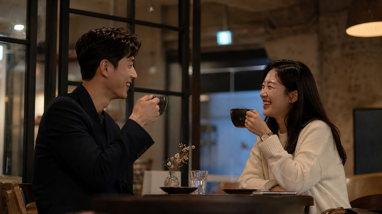 카페 테이블에서 커피를 마시며 웃고 있는 두 한국 성인의 친밀한 분위기