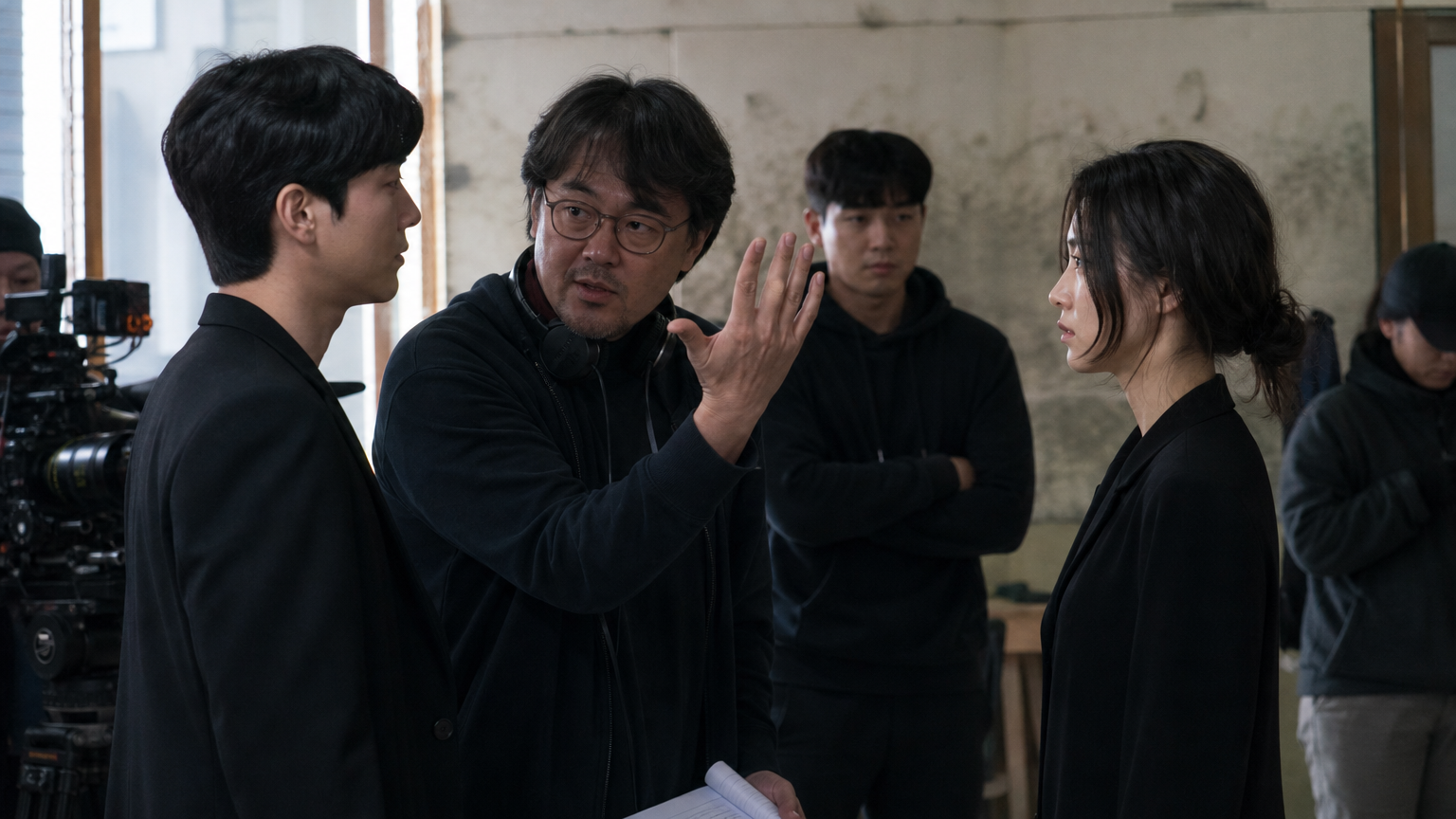 감정적인 장면을 촬영하며 배우들을 지도하는 영화 촬영 현장의 모습