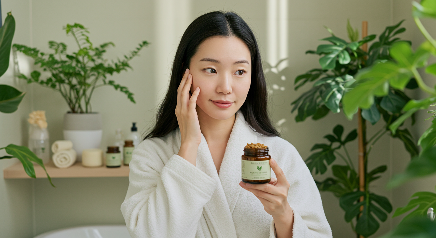 한방 외용제를 사용하는 여성이 화초가 있는 욕실에서 상쾌한 표정을 짓고 있는 장면