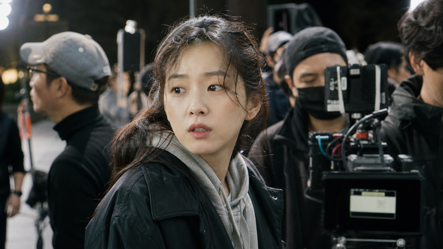 드라마 세트장에서 집중하며 다소 지친 모습의 여배우