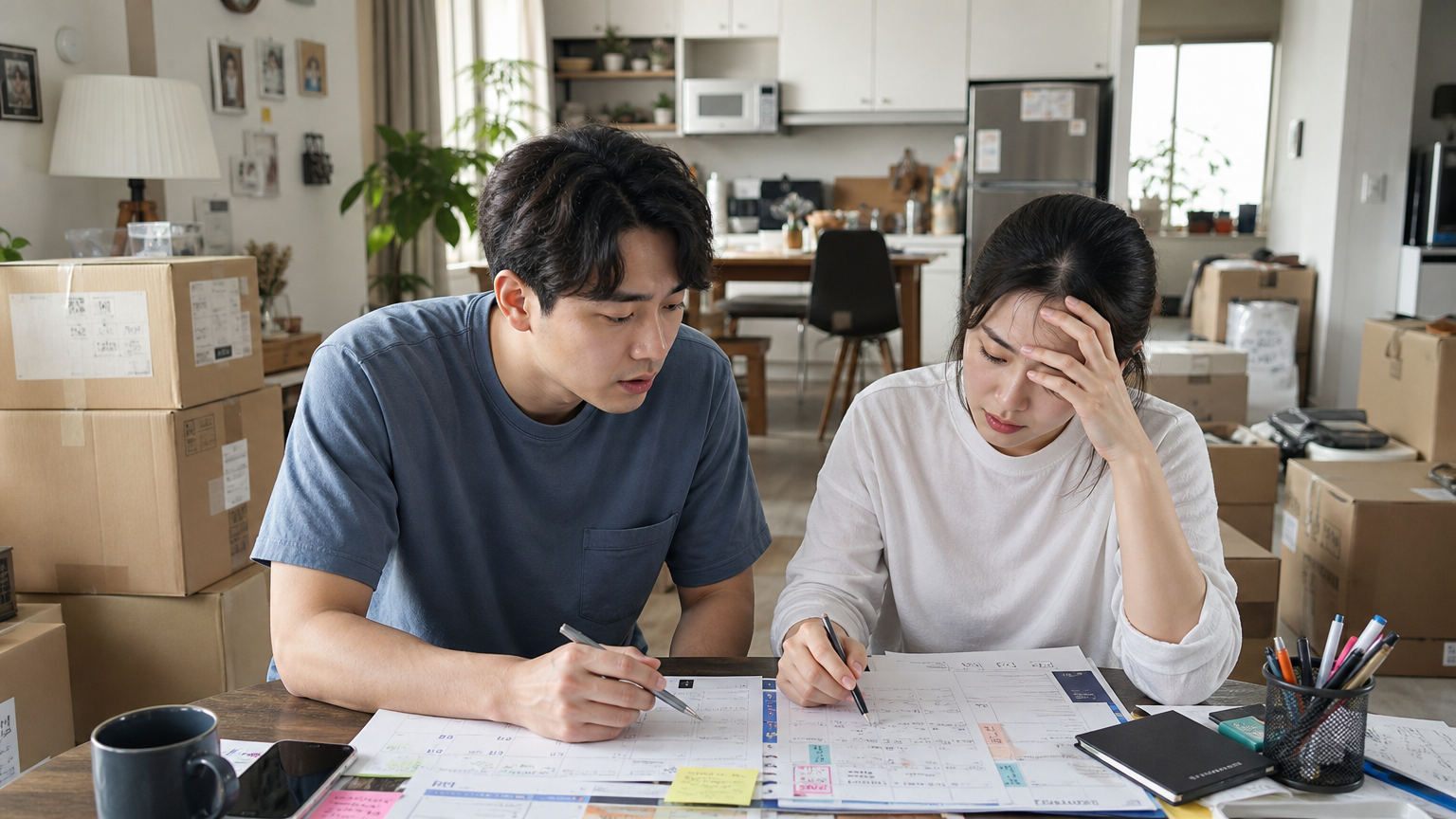 이삿짐과 일정표에 둘러싸여 바쁜 일상을 보내는 커플