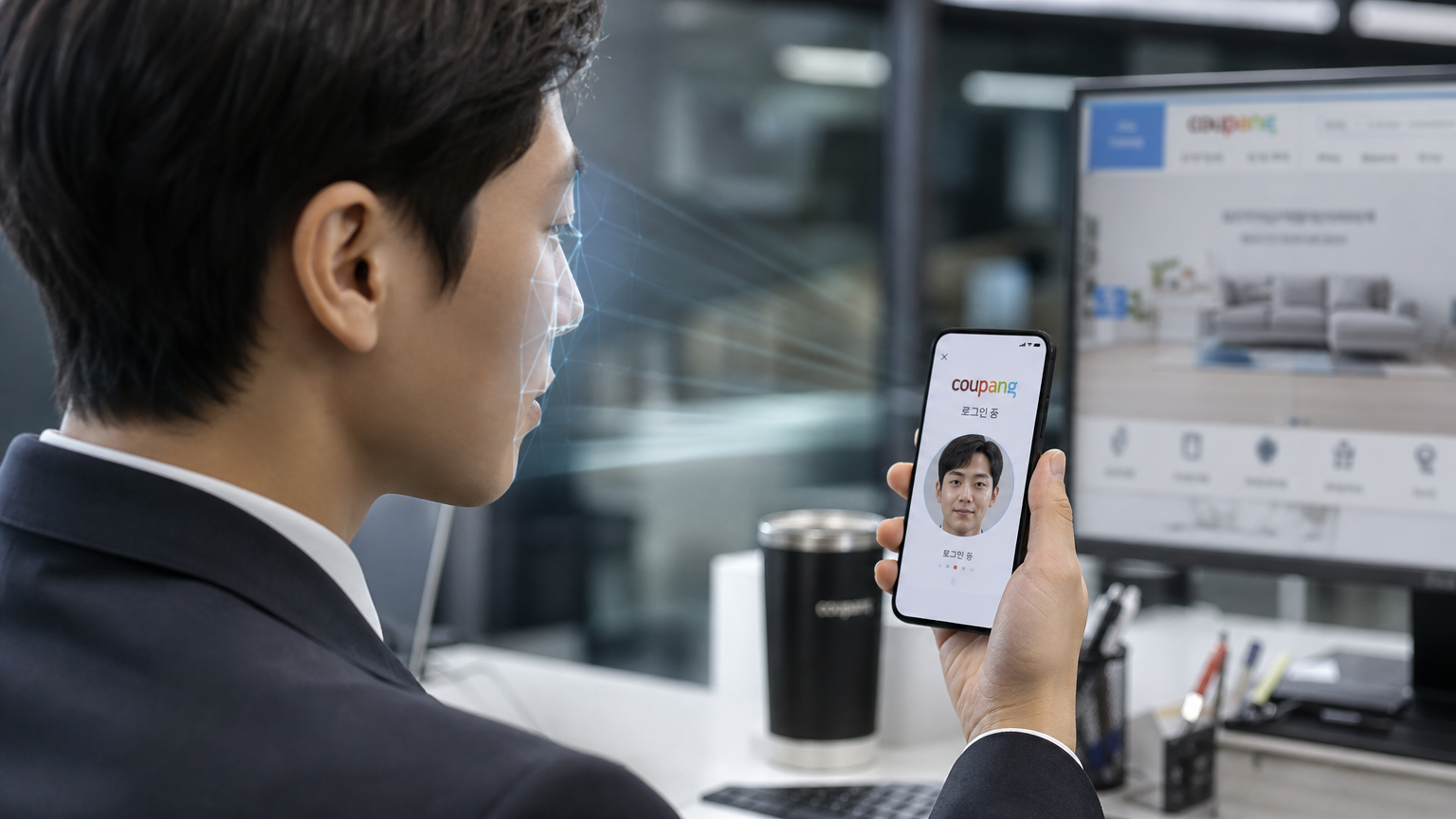 한국 사무실에서 스마트폰으로 얼굴 인식을 통해 쿠팡 앱에 로그인하는 모습