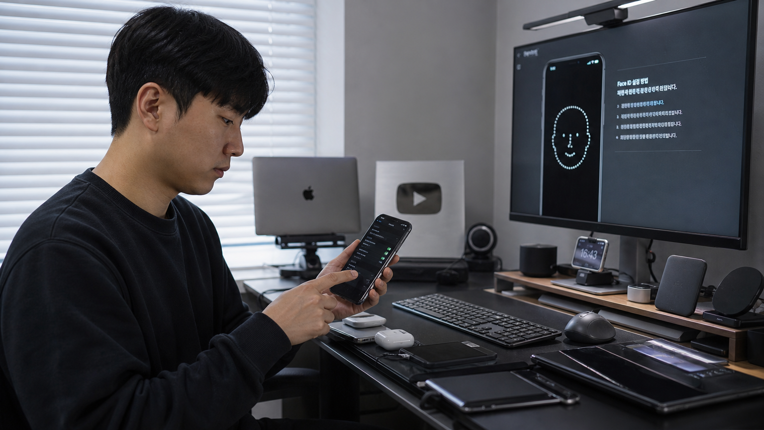 다양한 기기와 기술 장비로 둘러싸여 스마트폰 설정을 확인하는 한국인 모습