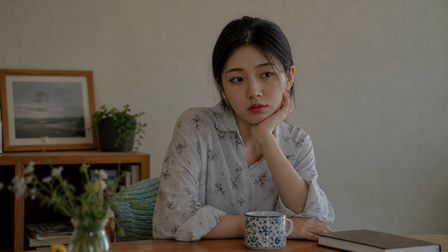 미니멀한 실내 공간에서 사색에 잠긴 듯한 젊은 여배우의 모습