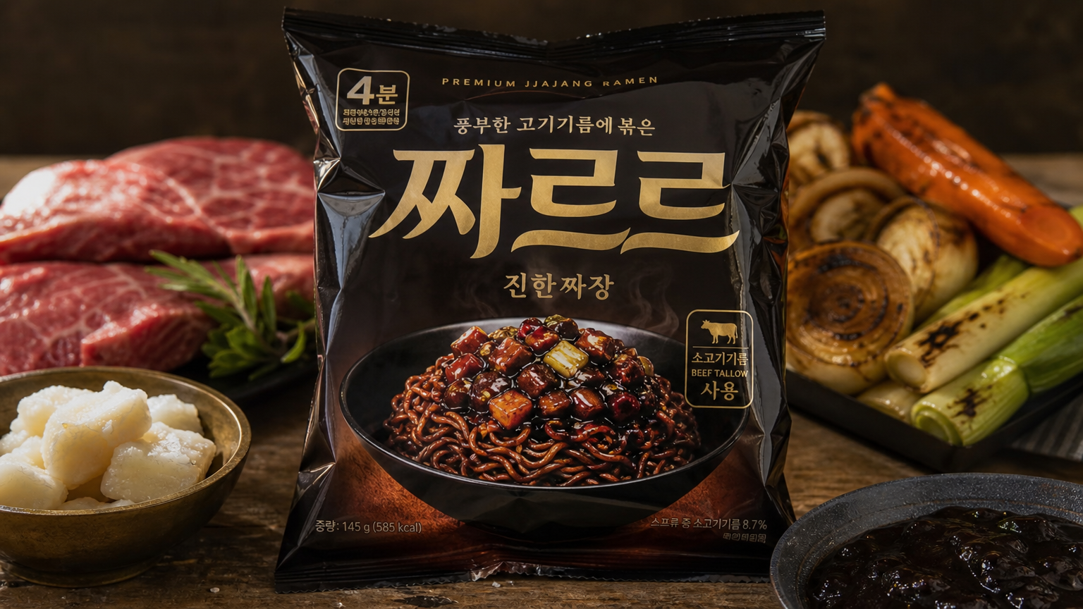 '짜르르'라고 적힌 프리미엄 인스턴트 짜장라면 패키지와 고급 재료들