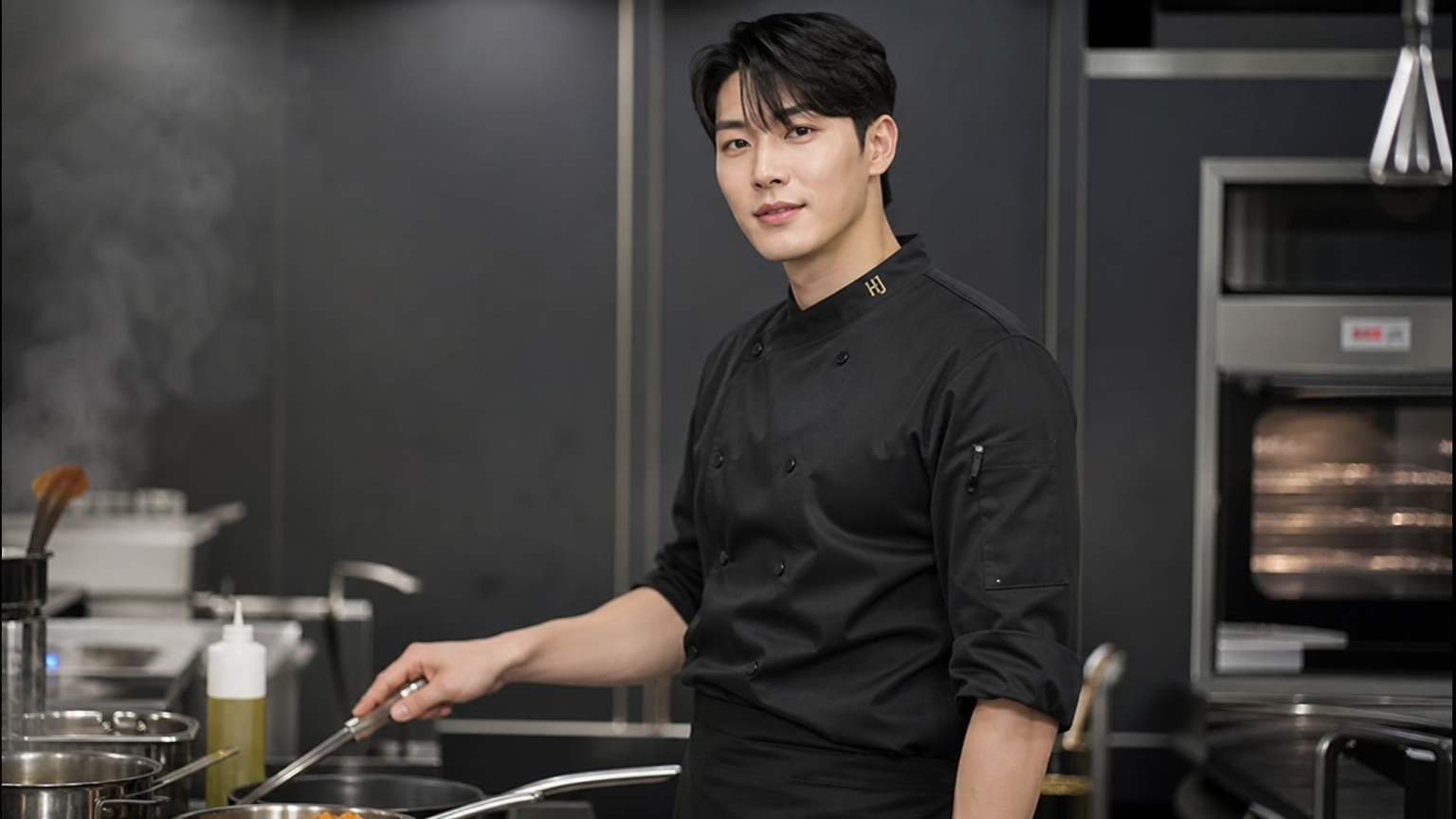 현대적인 주방에서 날렵한 턱선과 뚜렷한 눈매를 가진 전문 셰프의 모습