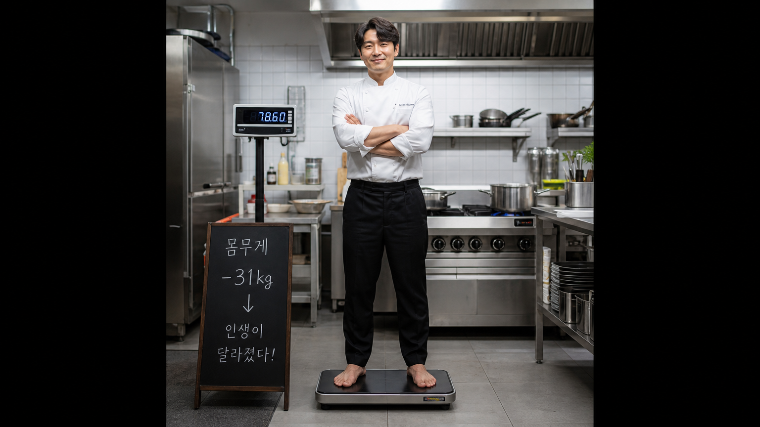 체중계 위에서 자신감 있는 모습으로 다이어트 성공 후 날렵해진 얼굴선을 드러내는 남성