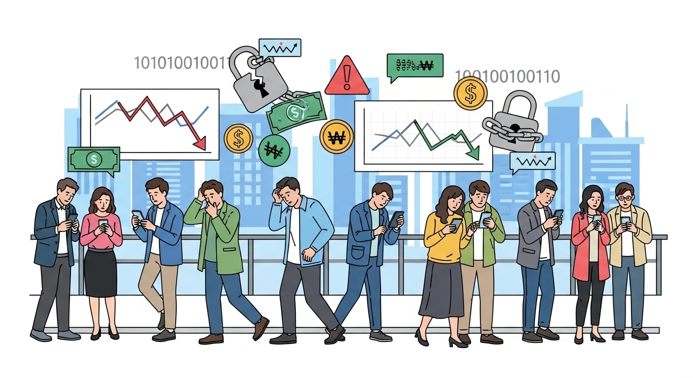 한국 사람들이 스마트폰을 보며 걱정하는 모습, 디지털 사기의 위험을 상징