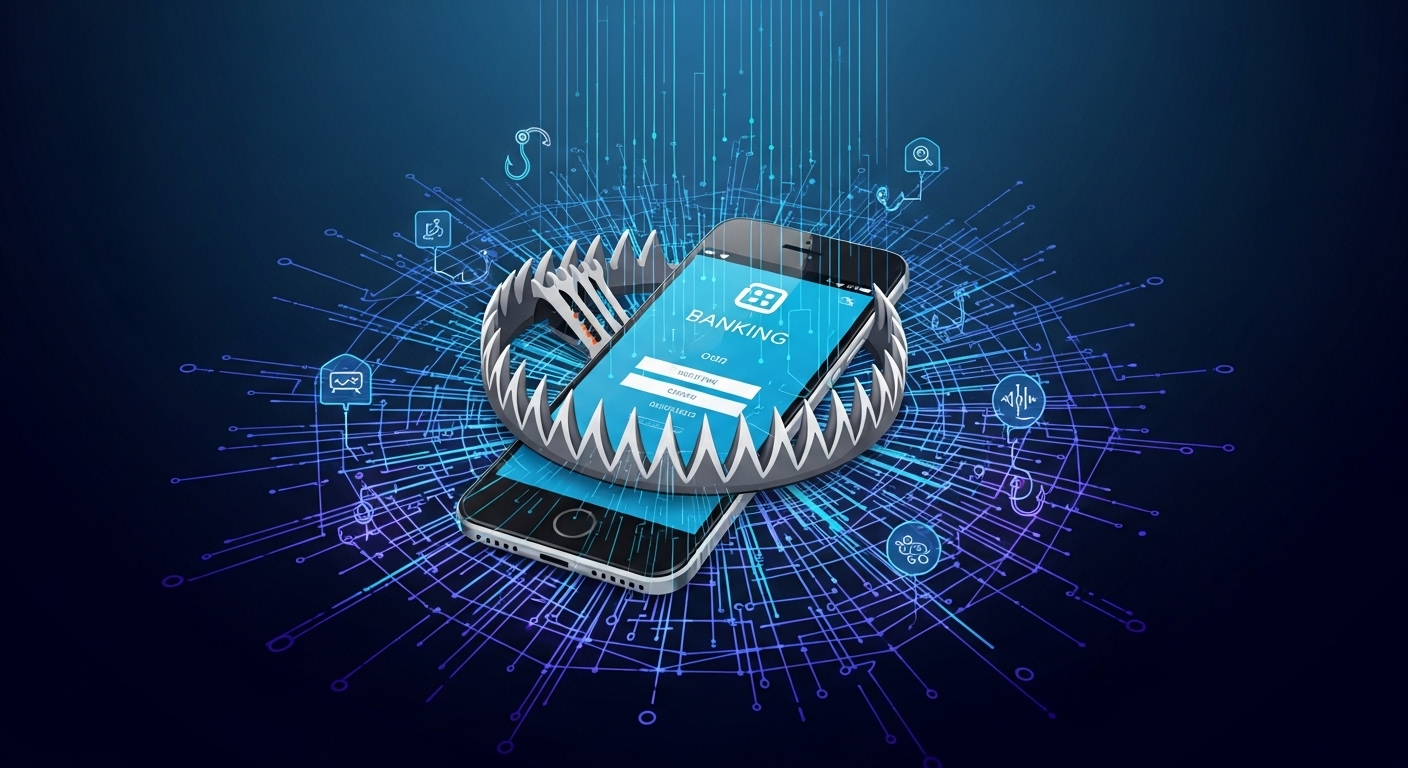 스마트폰에 표시된 은행 앱이 거미줄에 걸린 모습으로 진화된 피싱 사기를 상징
