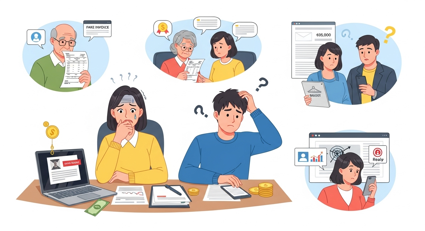 다양한 금융사기로 인해 고통받는 사람들의 모습