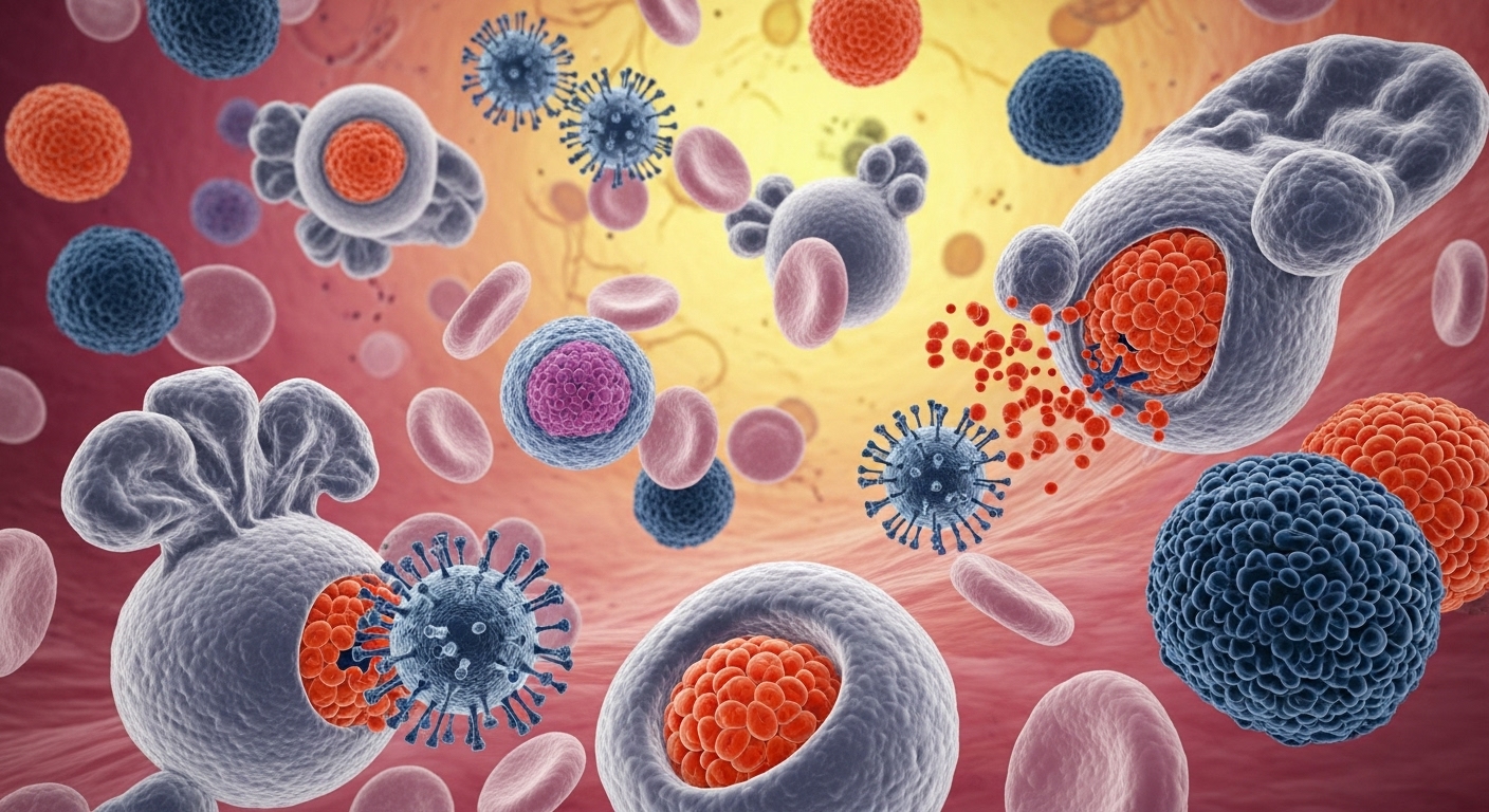 다양한 백혈구가 세균 및 바이러스와 싸우는 현미경 이미지