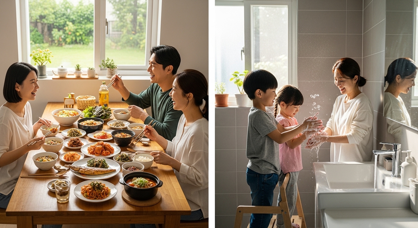 위생 관리와 균형 잡힌 식사를 실천하는 가족 모습