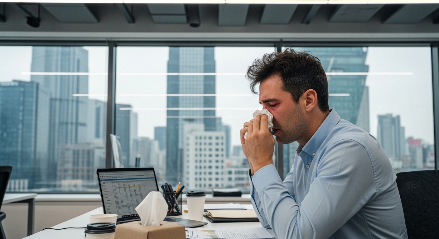 현대적인 서울 사무실에서 비염으로 고생하는 직장인의 모습