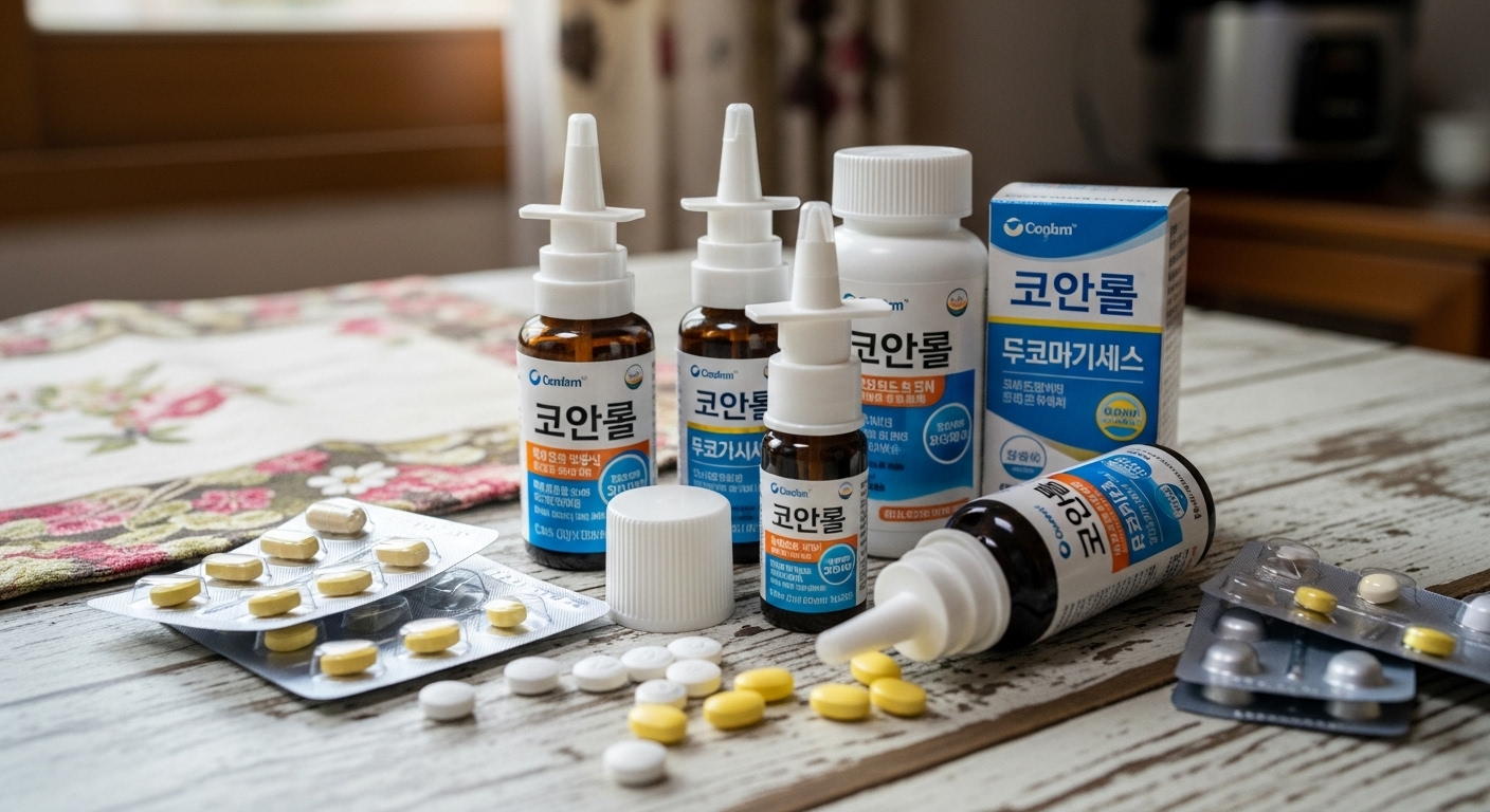 한국 가정 환경에서 코약과 알약이 흩어진 테이블