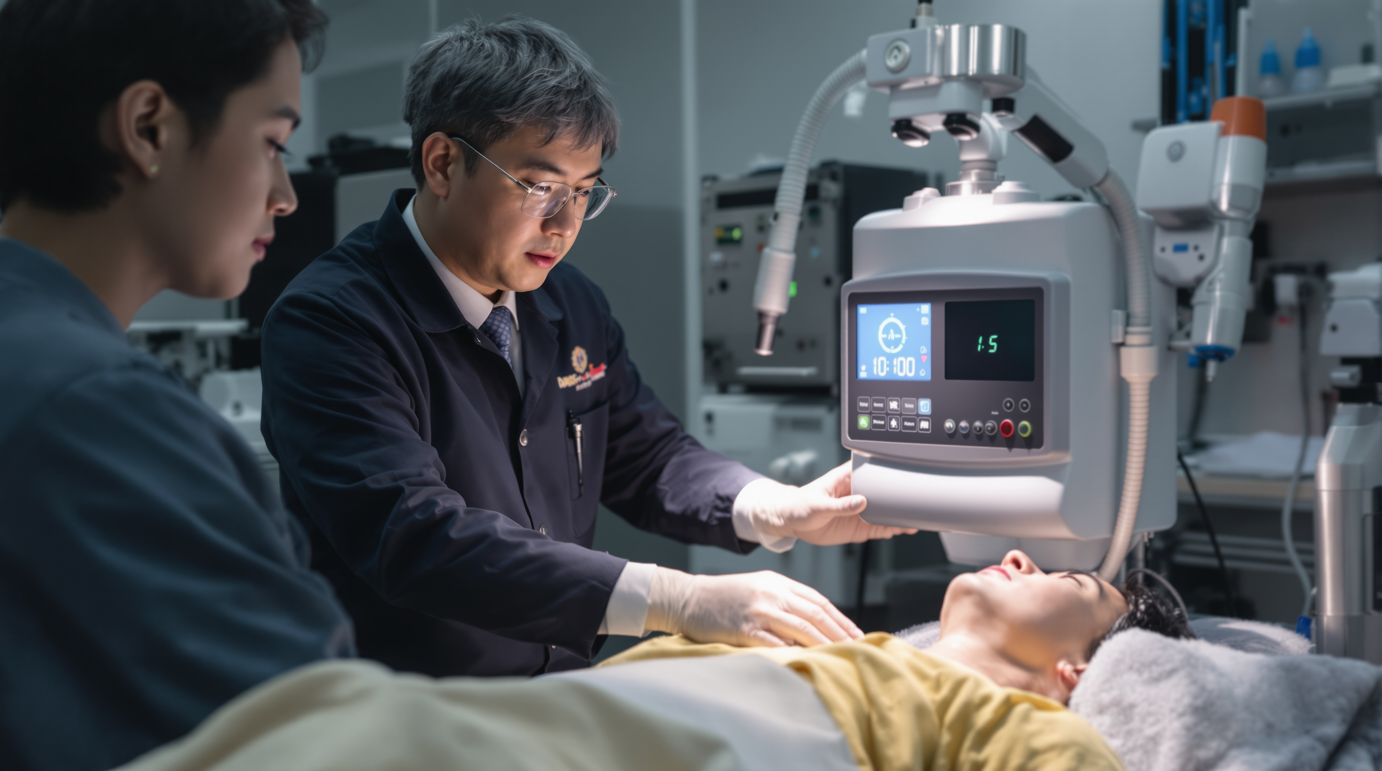 임상 환경에서 환자에게 냉동치료 장비를 시연하는 의료 전문가