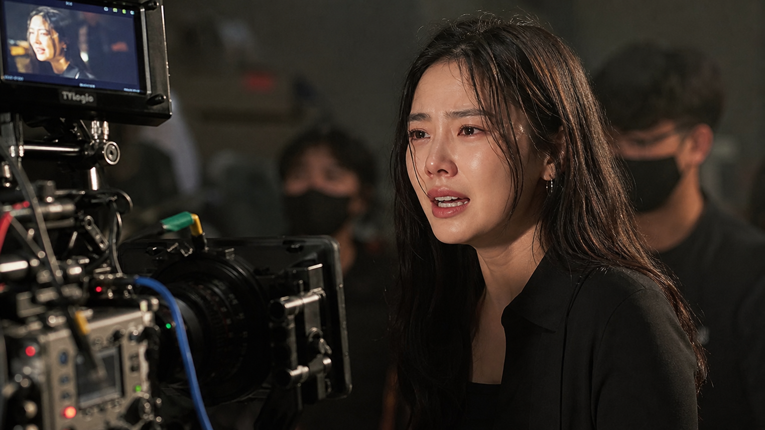 영화 촬영 현장에서 열연 중인 한국 여배우