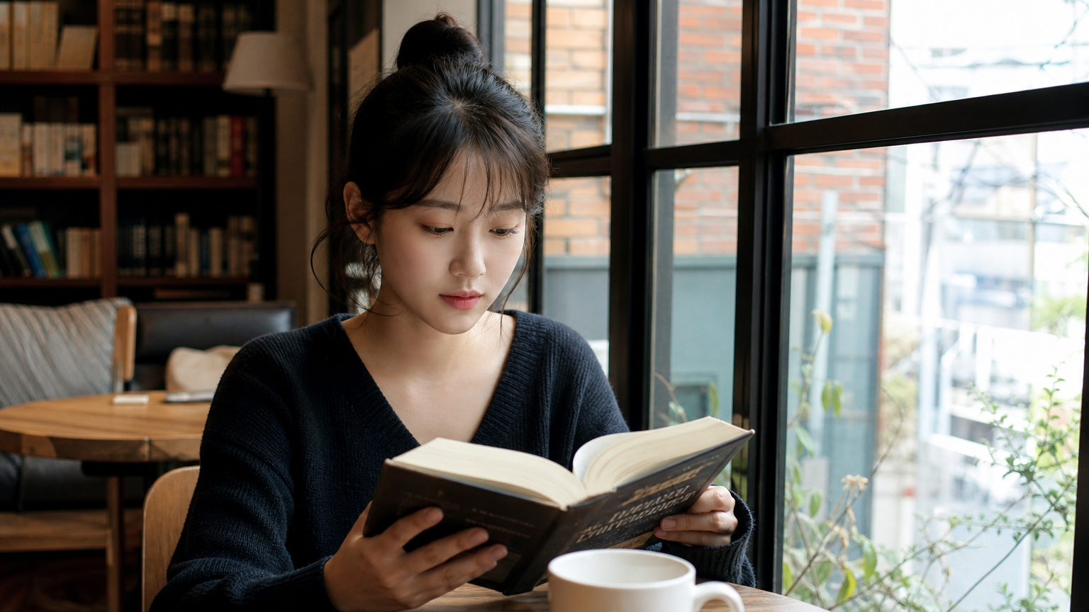 카페에서 책을 읽고 있는 지적인 분위기의 여성