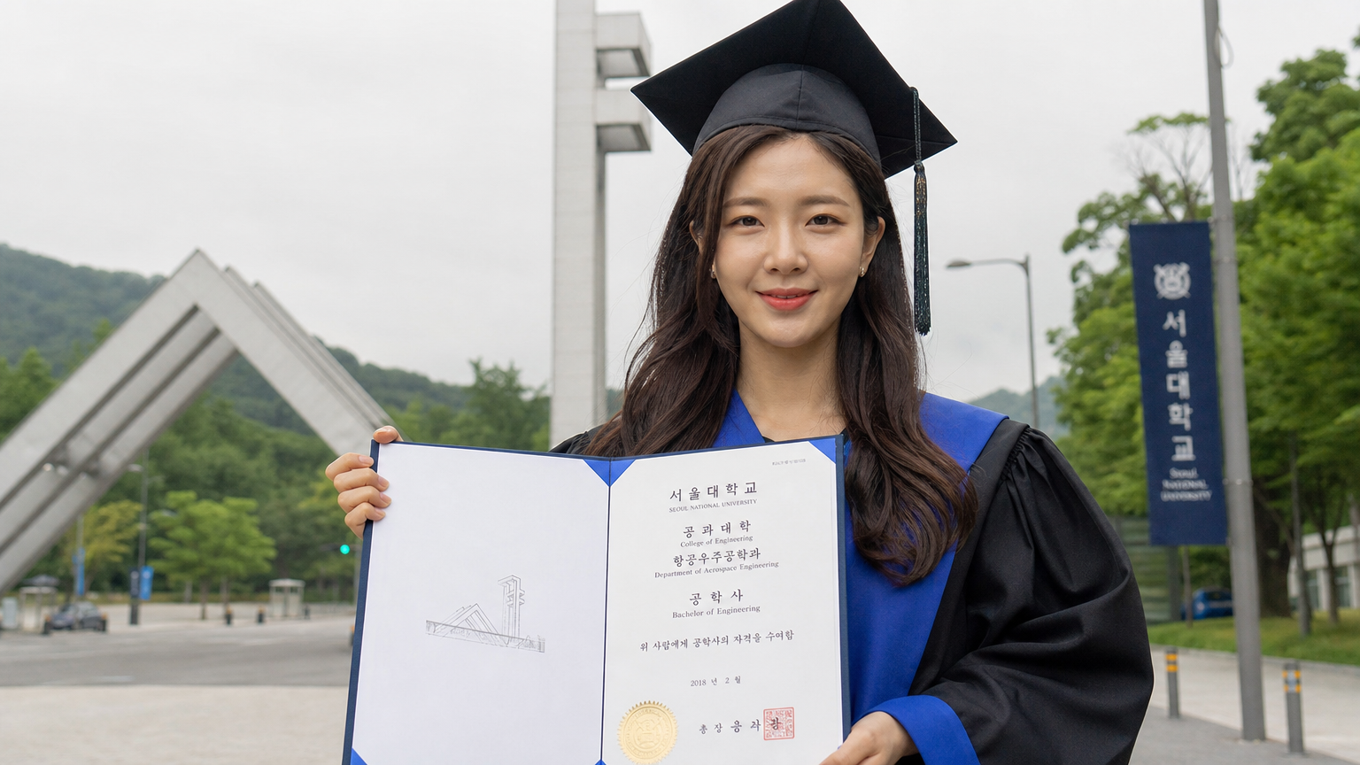 서울대 졸업식에서 공학 학위를 든 자랑스러운 모습