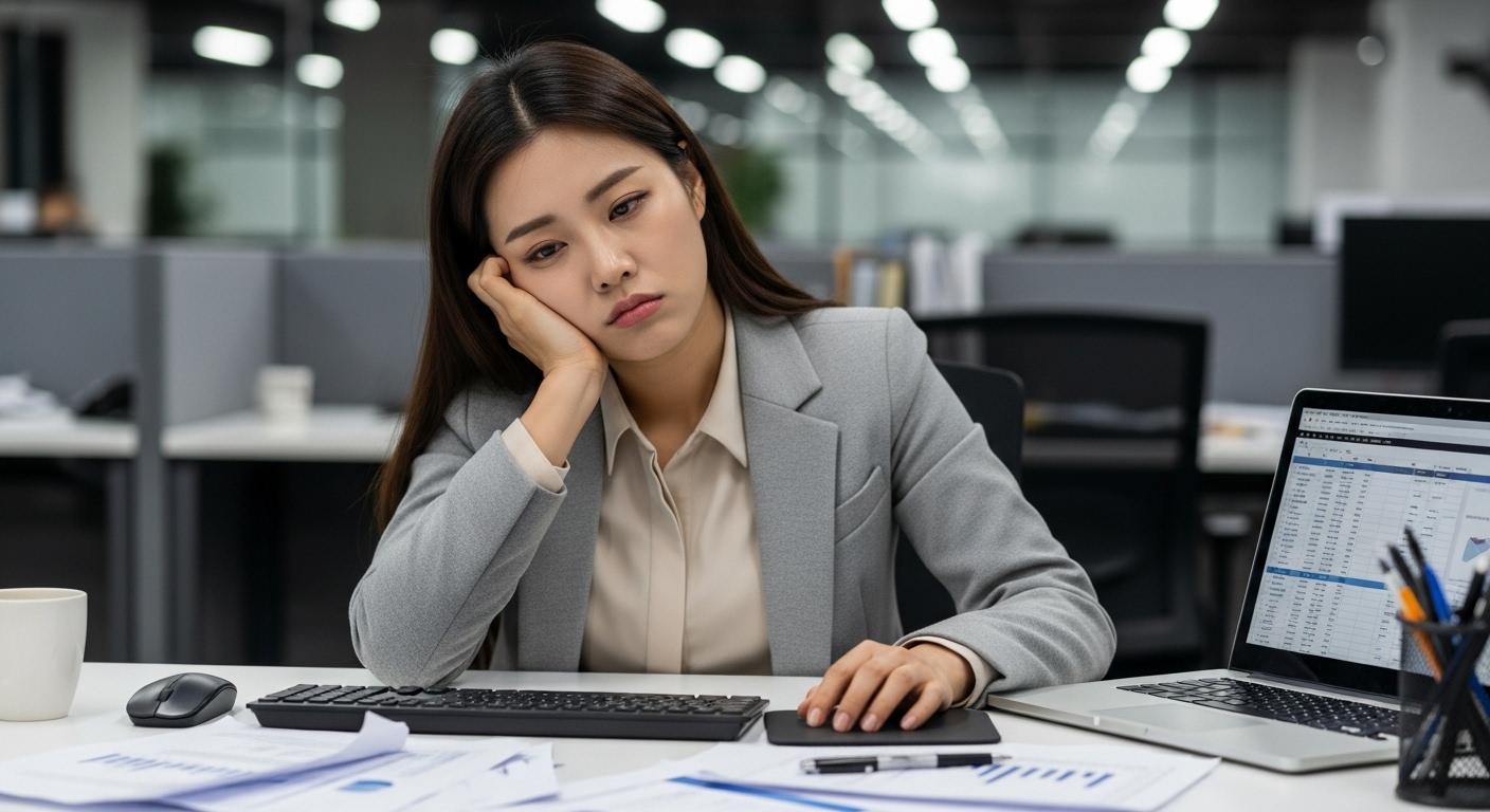 사무실 책상에서 피곤해 보이는 한국 여성의 모습