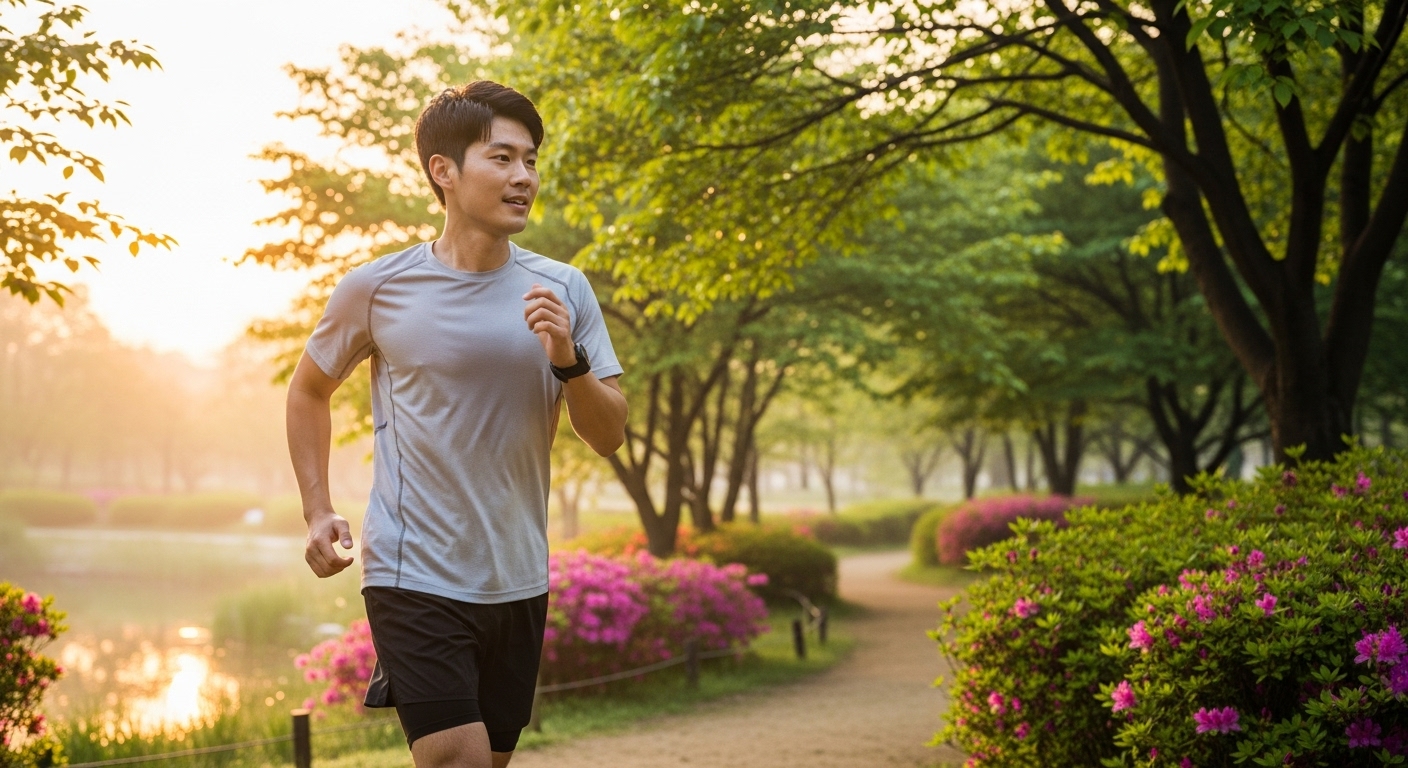 활기차게 공원에서 조깅하는 한국 남성의 모습
