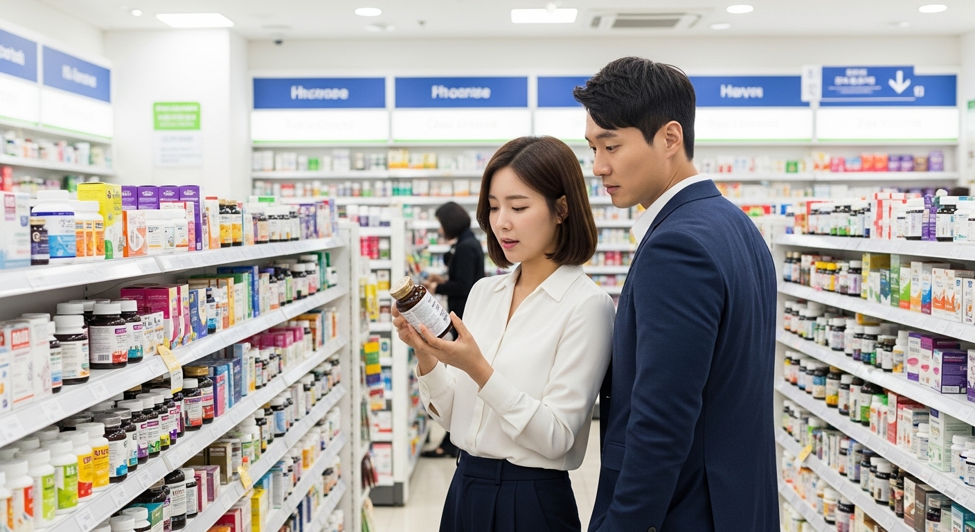 약국에서 건강 보조제를 살펴보는 한국 커플의 모습
