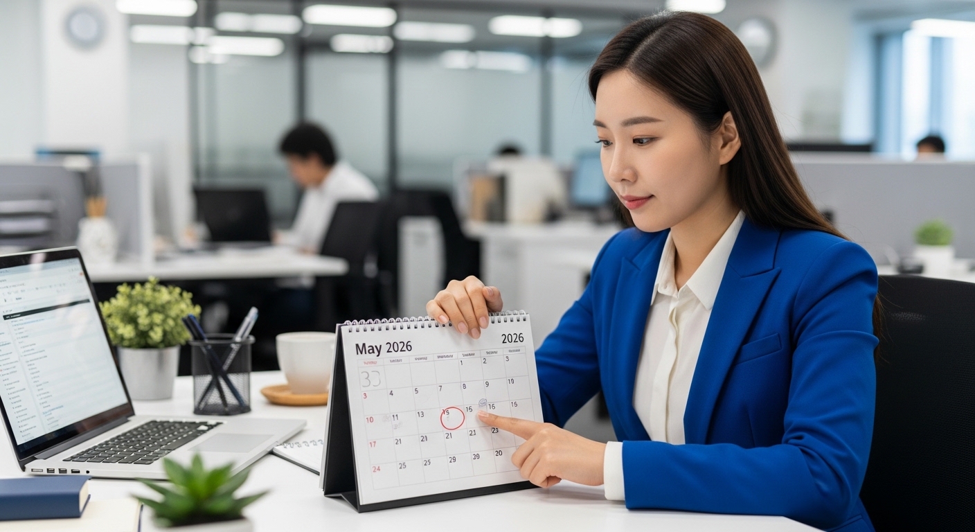 사무실에서 책상 위에 놓인 달력을 보며 휴일 계획을 고민하는 직장인의 모습