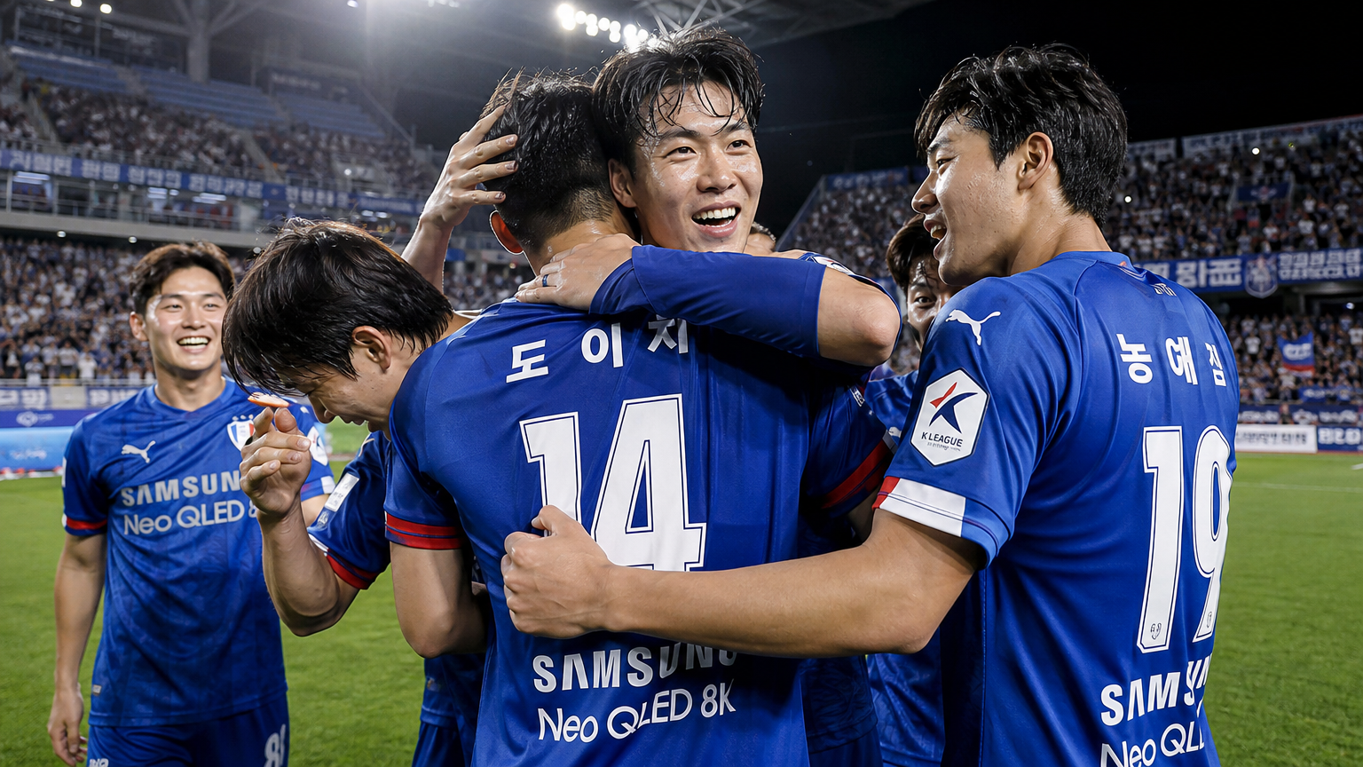 수원 월드컵경기장에서 골을 넣고 환호하는 한국 축구 선수들