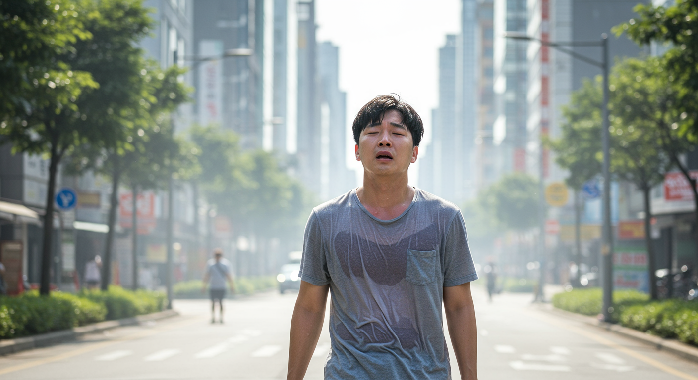 강한 여름 햇볕 아래에서 어지럽고 무기력함을 느끼는 사람의 모습