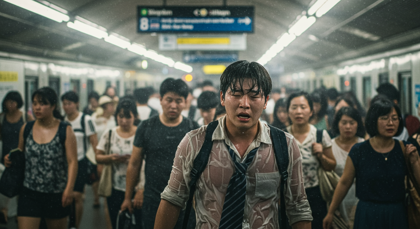 한여름 혼잡한 지하철역에서 땀을 많이 흘리며 열사병 증상을 겪는 직장인의 모습