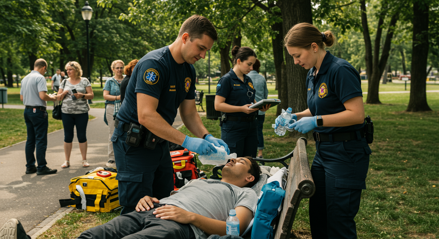 공원에서 열사병 환자에게 얼음찜질과 수분 보충을 해주는 응급구조대원의 모습