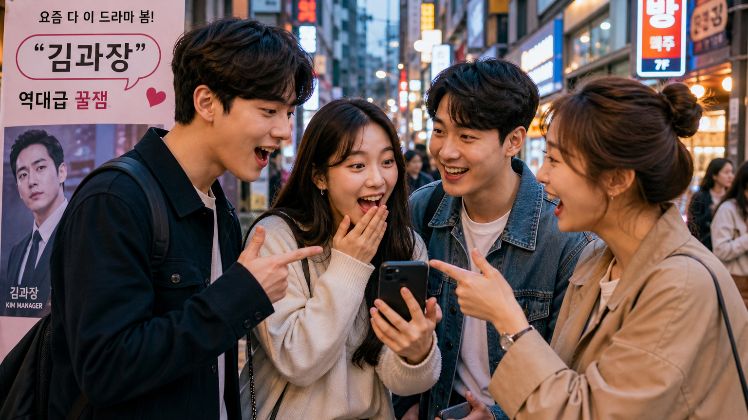 서울 거리에서 활기차게 '김부장' 드라마를 얘기하는 사람들