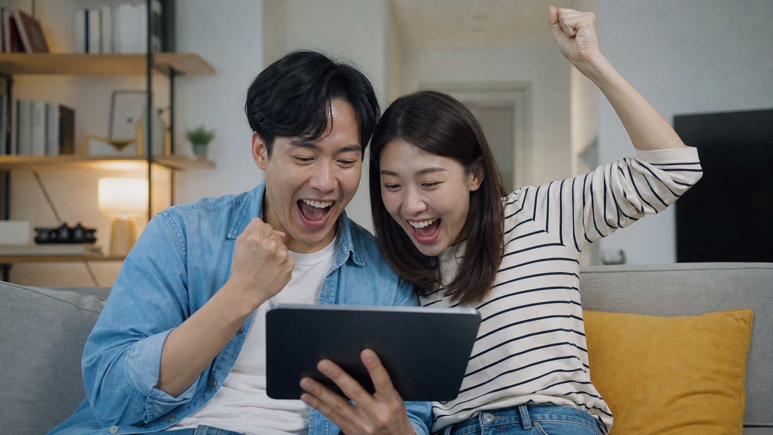 태블릿에서 숨겨진 항공 특가를 발견하고 기뻐하는 커플
