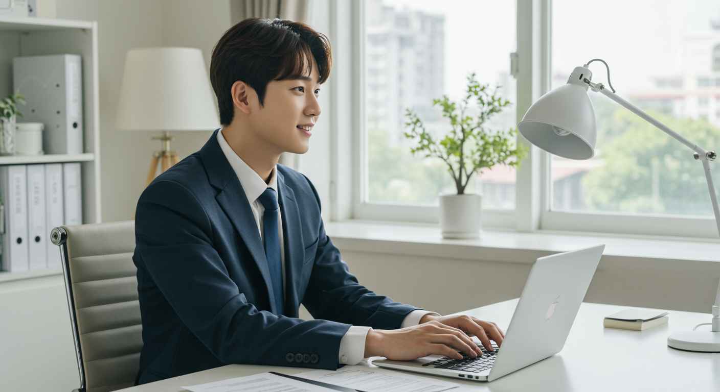 젊은 직장인이 사무실 책상에서 노트북과 금융 서류를 보고 있는 모습