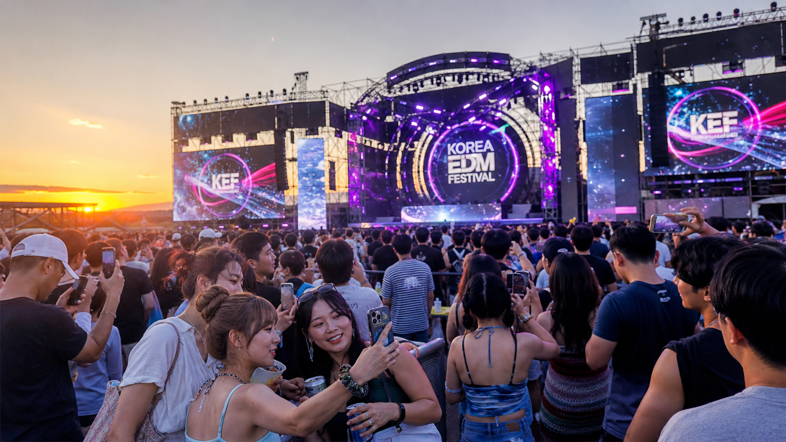 야외 무대에서 K-POP과 EDM 공연을 즐기는 사람들