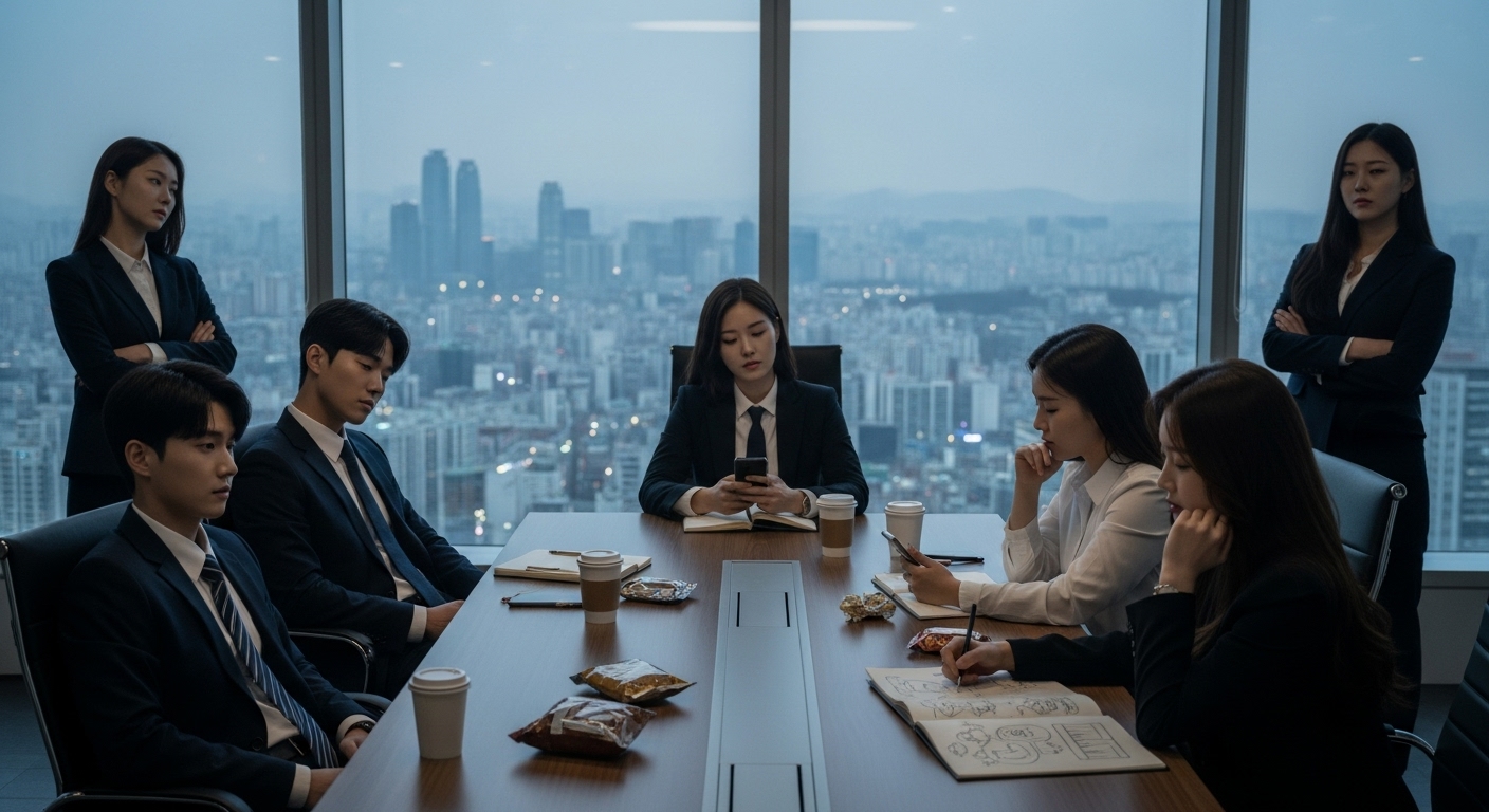 현대 한국 사회의 문제를 무관심하게 논의하는 고층 오피스 내의 전문직 종사자들 모습