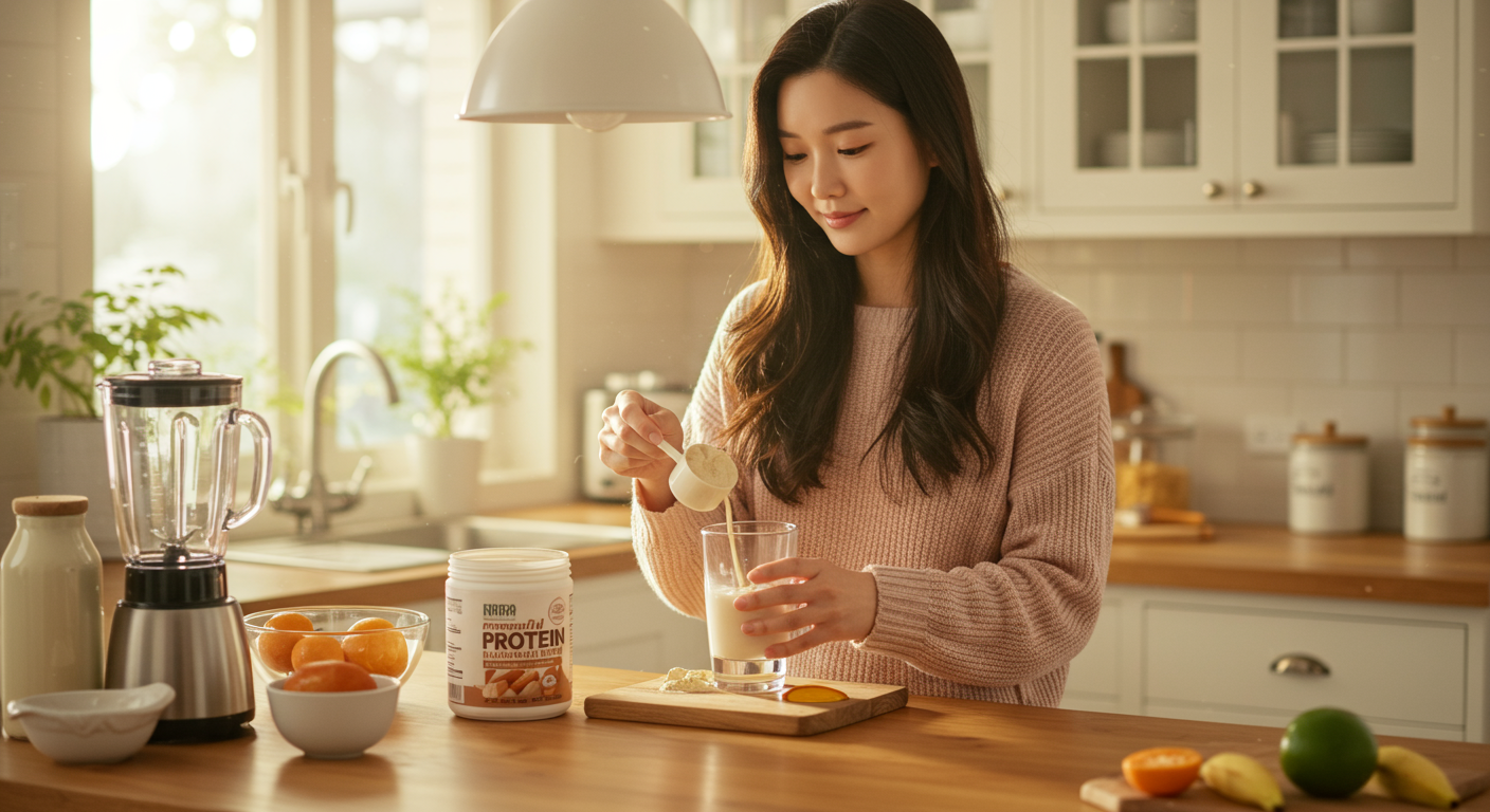 아몬드 우유에 프로틴 파우더를 타는 여성의 모습