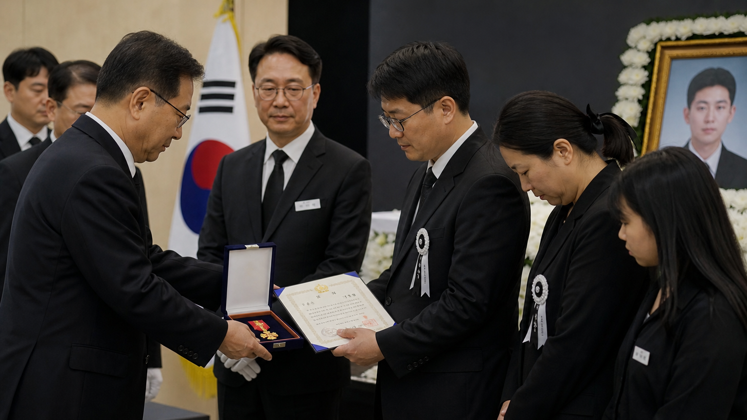 공식 행사에서 유가족에게 훈장과 승진 증서를 전달하는 모습