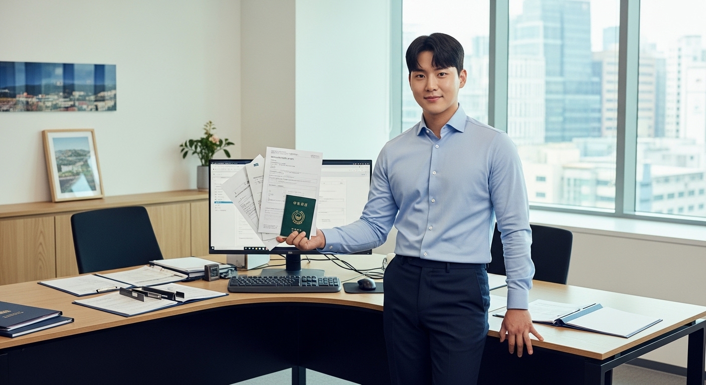 젊은 남성이 사무실에서 여권 신청 서류를 들고 있는 모습, 법적 문서와 컴퓨터 주변 환경.