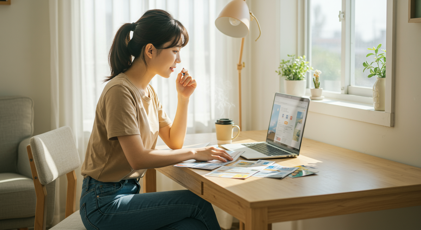현대적인 여행자가 노트북과 여행 브로셔를 펼쳐놓고 계획하는 모습
