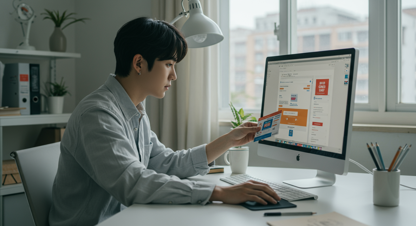 컴퓨터로 온라인 할인을 적용하는 사람의 집중된 표정과 현대적인 홈 오피스 환경