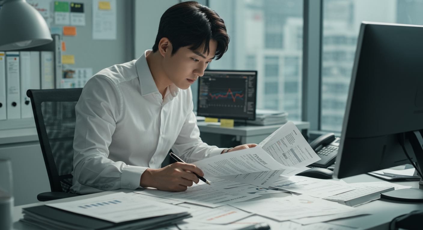 사무실 책상에서 서류와 금융 자료로 둘러싸인 모습의 현대적인 직장인