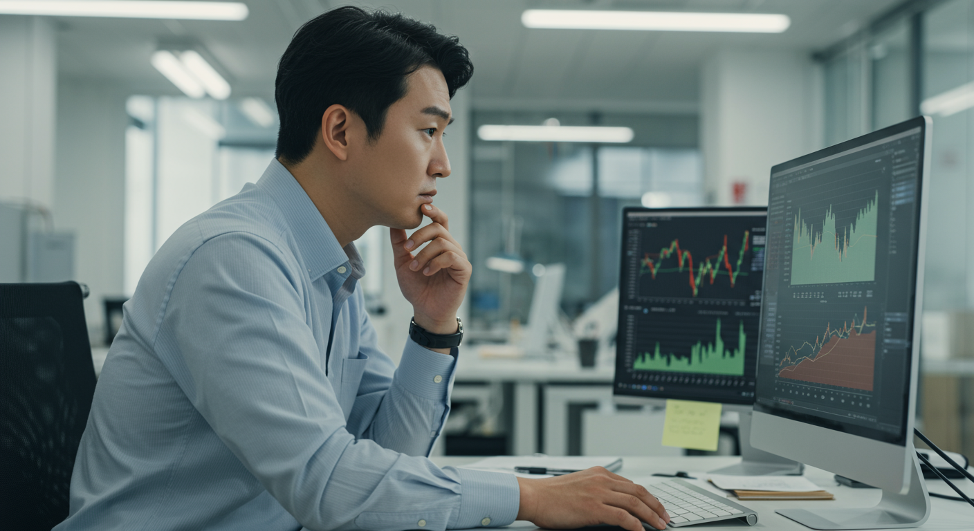 사무실 환경에서 컴퓨터 화면의 재정 차트를 분석하는 진지한 표정의 한국 남성