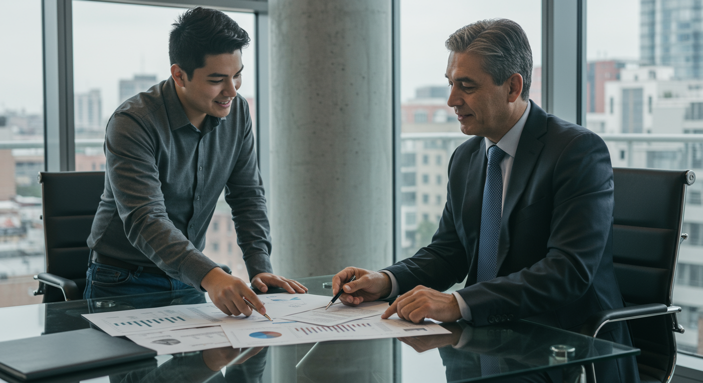 세련된 오피스에서 금융 컨설턴트와 문서 및 계획을 논의하는 장면