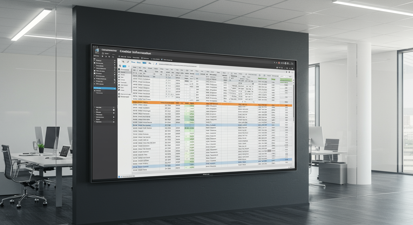 사무실에서 큰 화면에 정리된 채권자 정보가 표시되는 장면