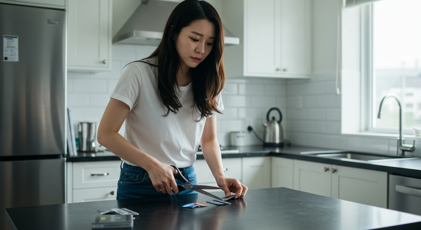부엌에서 신용카드를 자르며 재정을 고민하는 한국 여성