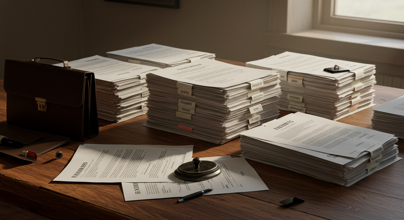 법원 제출을 위해 나무 테이블 위에 깔끔하게 정리된 법적 및 금융 서류 더미